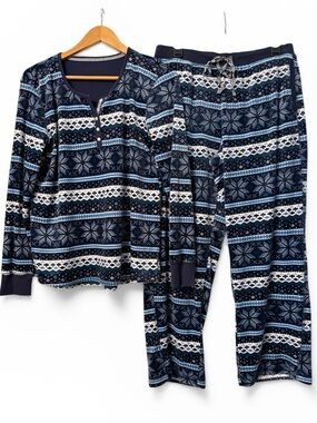Nautica Cozy Minky Soft Pajama Set M Blue Fair Isle Lounge Sleepwear Pockets
